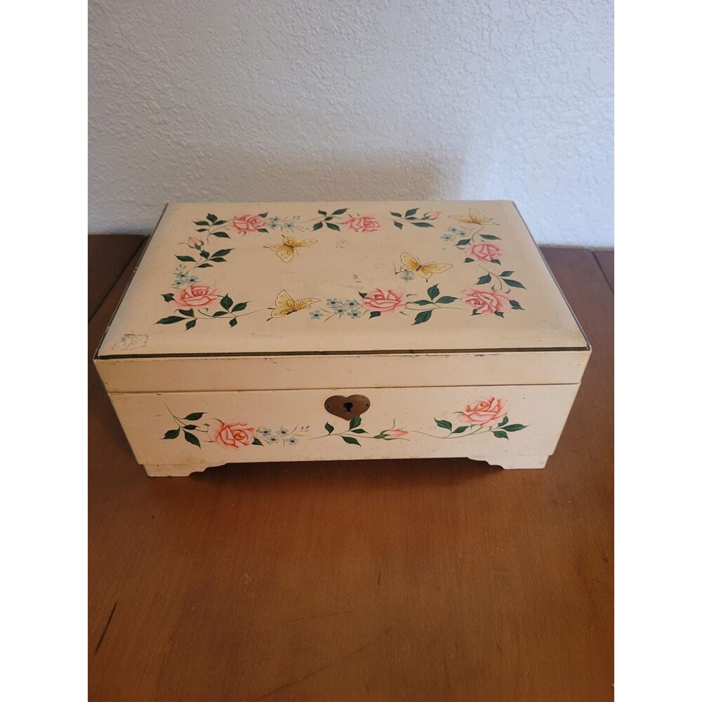 Vintage Japanese Working Musical Jewelry Box – Hand-Painted Roses & Butterflies